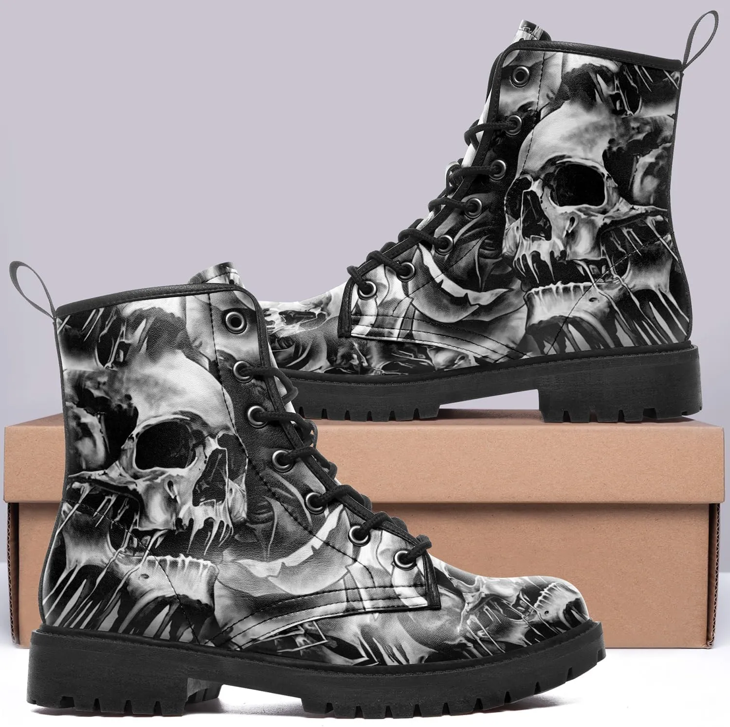 Combat Boots for Men Womens Fashion Lace-Up Skull Rose Ankle Booties Chunky Heel Platform Leather Work Boots