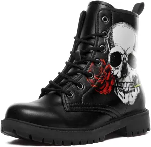 Combat Boots for Men Womens Fashion Lace-Up Skull Rose Ankle Booties Chunky Heel Platform Leather Work Boots