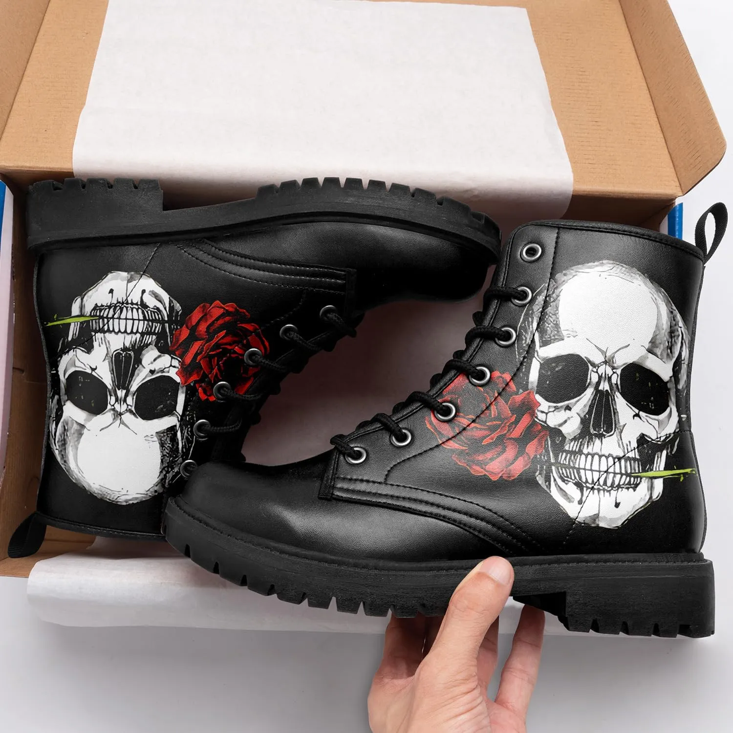 Combat Boots for Men Womens Fashion Lace-Up Skull Rose Ankle Booties Chunky Heel Platform Leather Work Boots