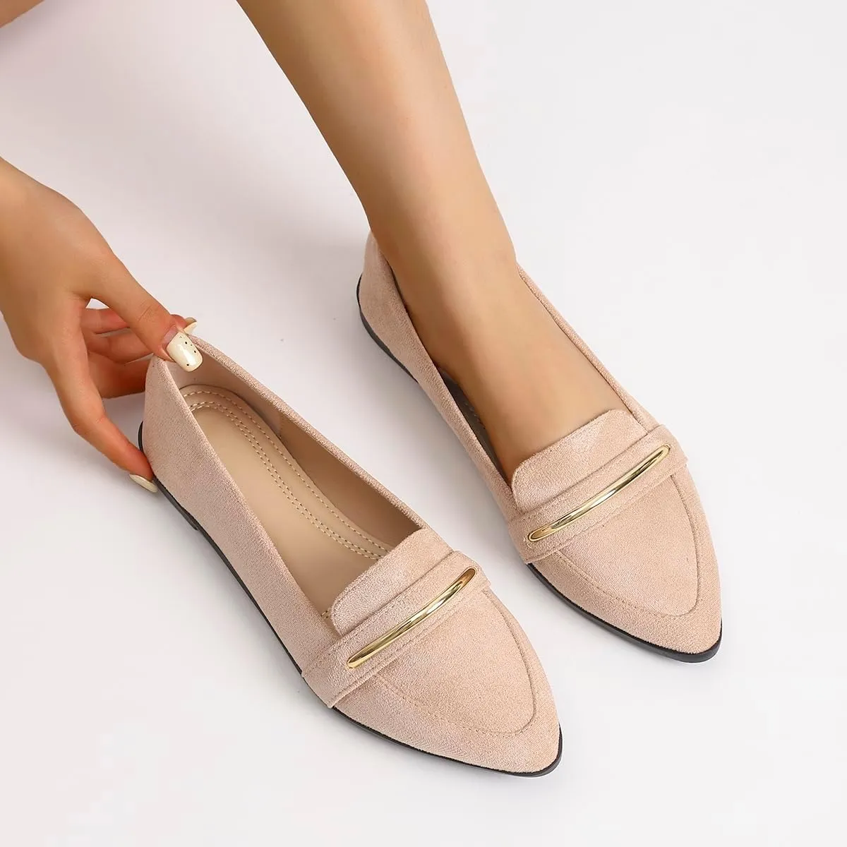Comfortable Leather Suede Slip On Loafer Flats for Women Casual Work Flat Shoes Women's Pointed Toe Penny Loafers Office Driving Ballet Flats