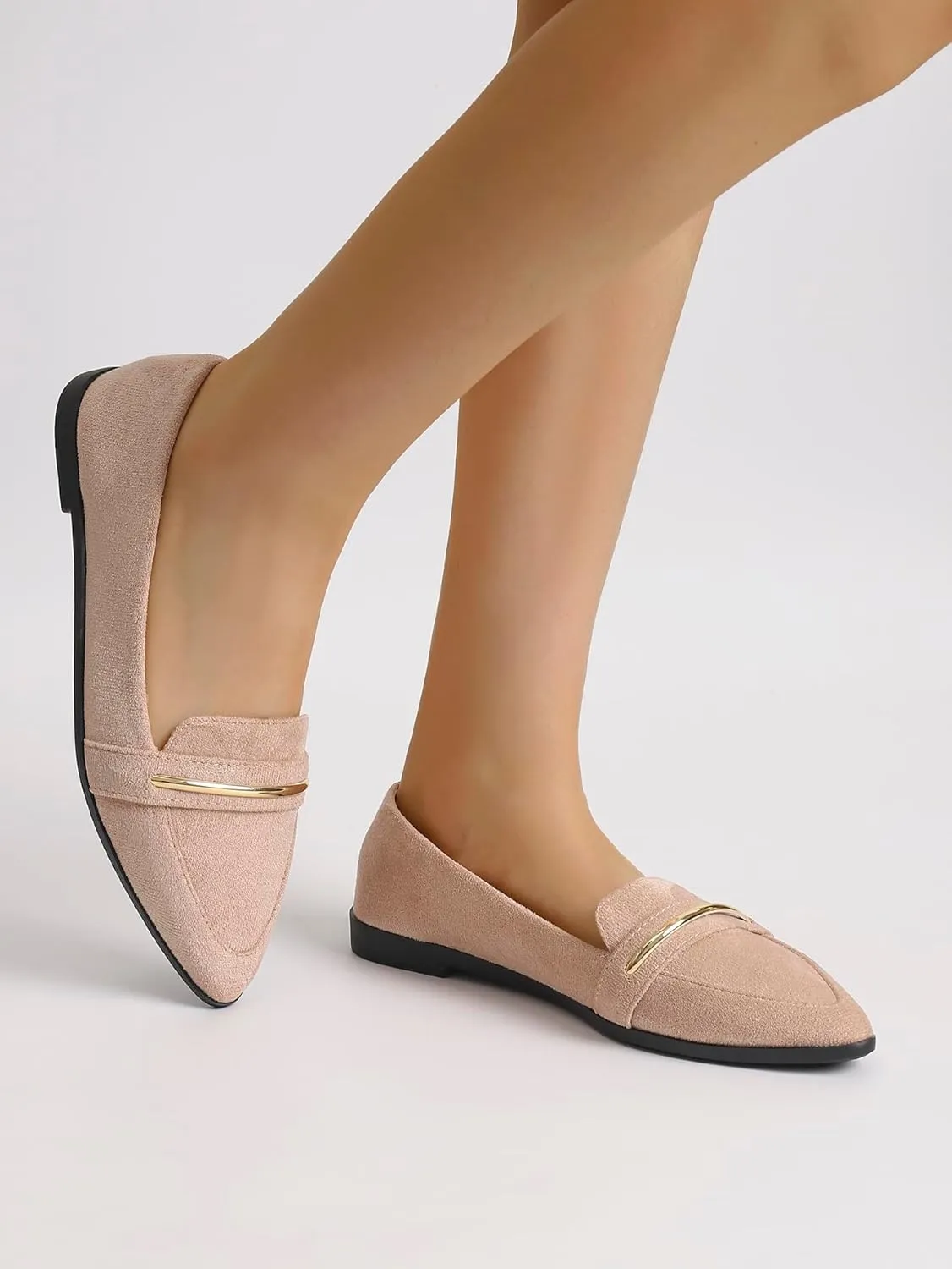 Comfortable Leather Suede Slip On Loafer Flats for Women Casual Work Flat Shoes Women's Pointed Toe Penny Loafers Office Driving Ballet Flats