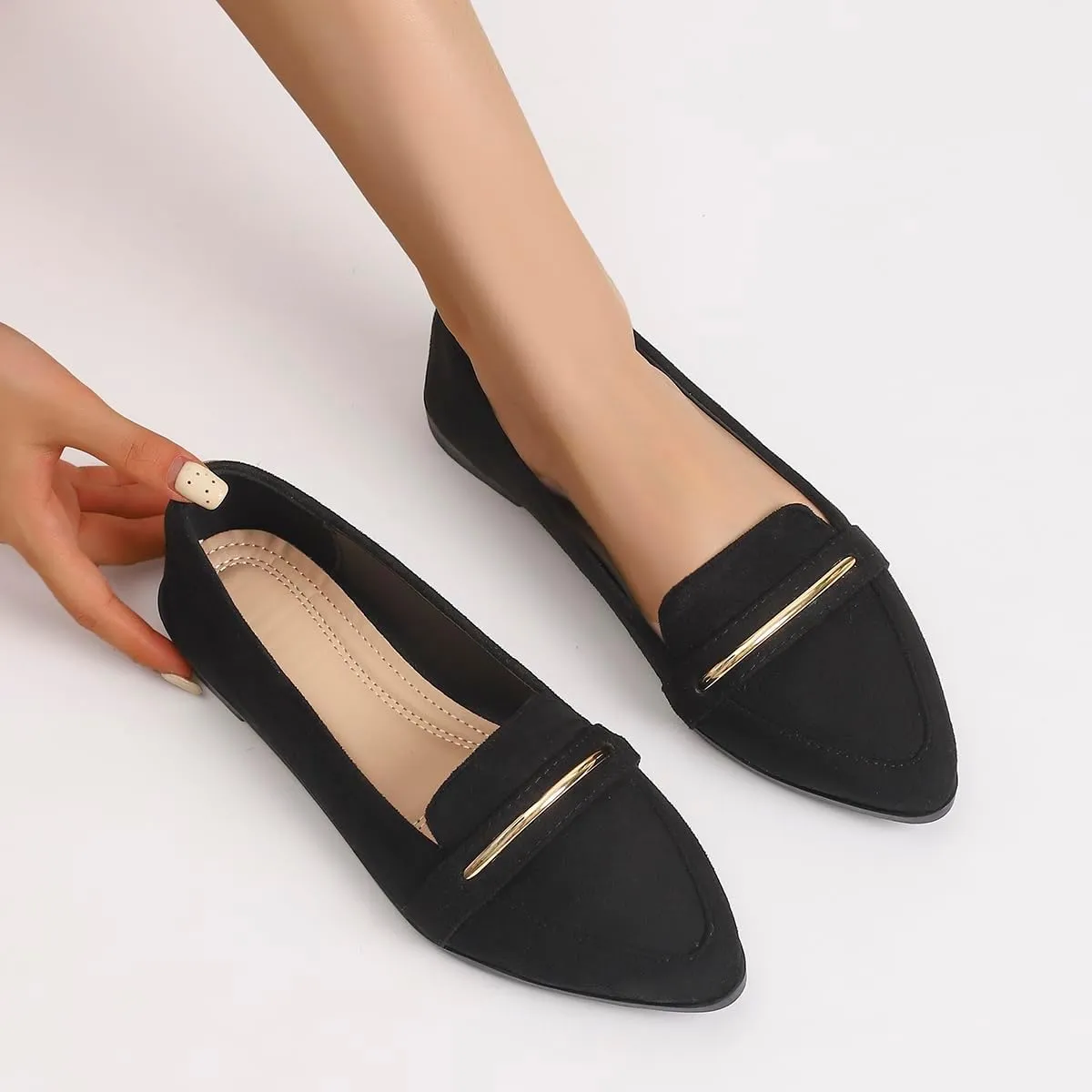 Comfortable Leather Suede Slip On Loafer Flats for Women Casual Work Flat Shoes Women's Pointed Toe Penny Loafers Office Driving Ballet Flats