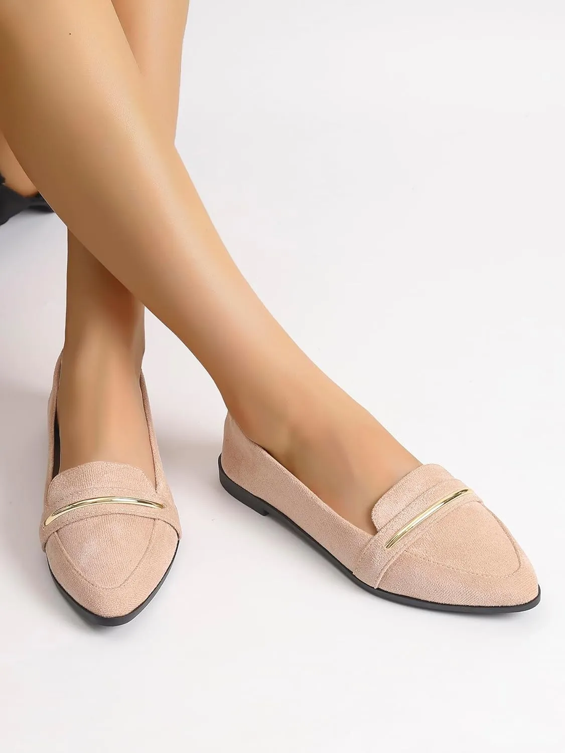 Comfortable Leather Suede Slip On Loafer Flats for Women Casual Work Flat Shoes Women's Pointed Toe Penny Loafers Office Driving Ballet Flats