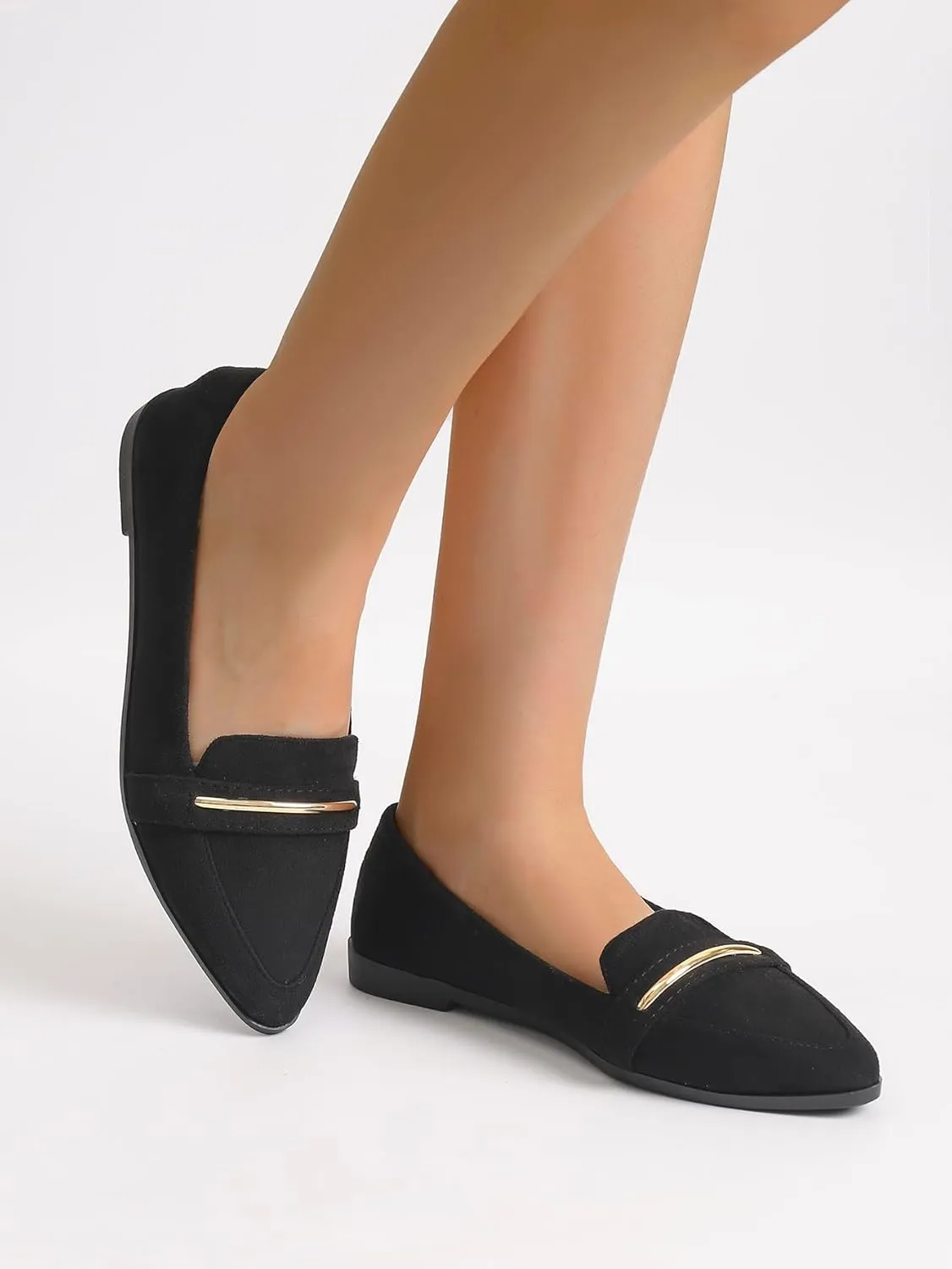 Comfortable Leather Suede Slip On Loafer Flats for Women Casual Work Flat Shoes Women's Pointed Toe Penny Loafers Office Driving Ballet Flats