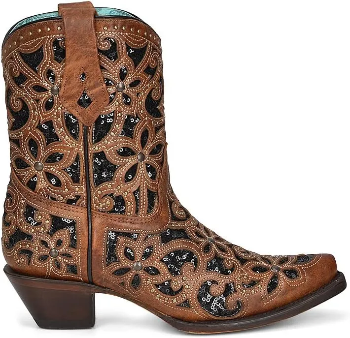 CORRAL LADIE'S TAN GLITTER INLAY & STUDS ANKLE BOOT, SNIP TOE, LEATHER SOLE, WESTERN, A4278