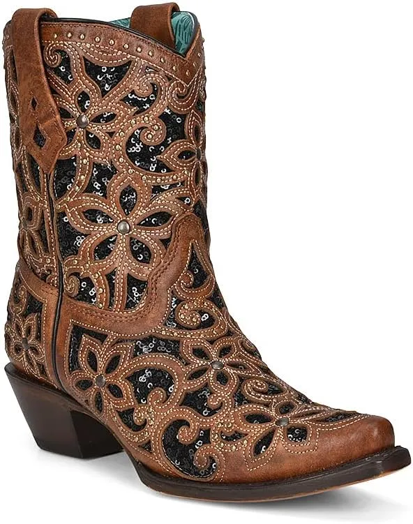 CORRAL LADIE'S TAN GLITTER INLAY & STUDS ANKLE BOOT, SNIP TOE, LEATHER SOLE, WESTERN, A4278