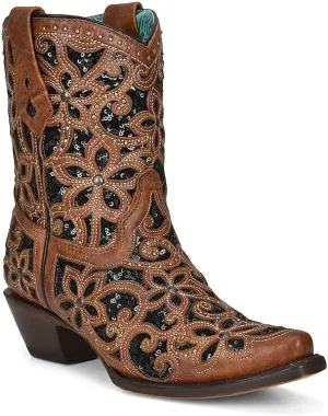 CORRAL LADIE'S TAN GLITTER INLAY & STUDS ANKLE BOOT, SNIP TOE, LEATHER SOLE, WESTERN, A4278
