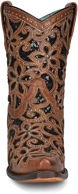 CORRAL LADIE'S TAN GLITTER INLAY & STUDS ANKLE BOOT, SNIP TOE, LEATHER SOLE, WESTERN, A4278