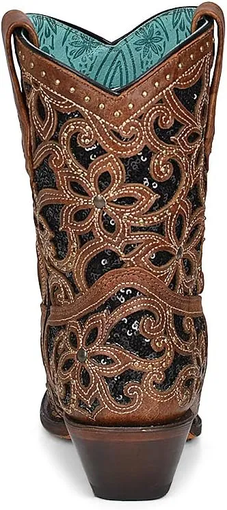 CORRAL LADIE'S TAN GLITTER INLAY & STUDS ANKLE BOOT, SNIP TOE, LEATHER SOLE, WESTERN, A4278