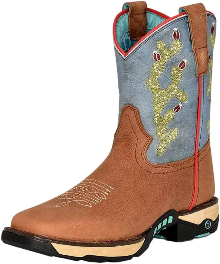 CORRAL LADIE'S TAN HYDRO RESIST/BLUE TOP CACTUS FARM&RANCH DUAL DENSITY SOLE SQ TOE, RUBBER SOLE, RANCHING W5003