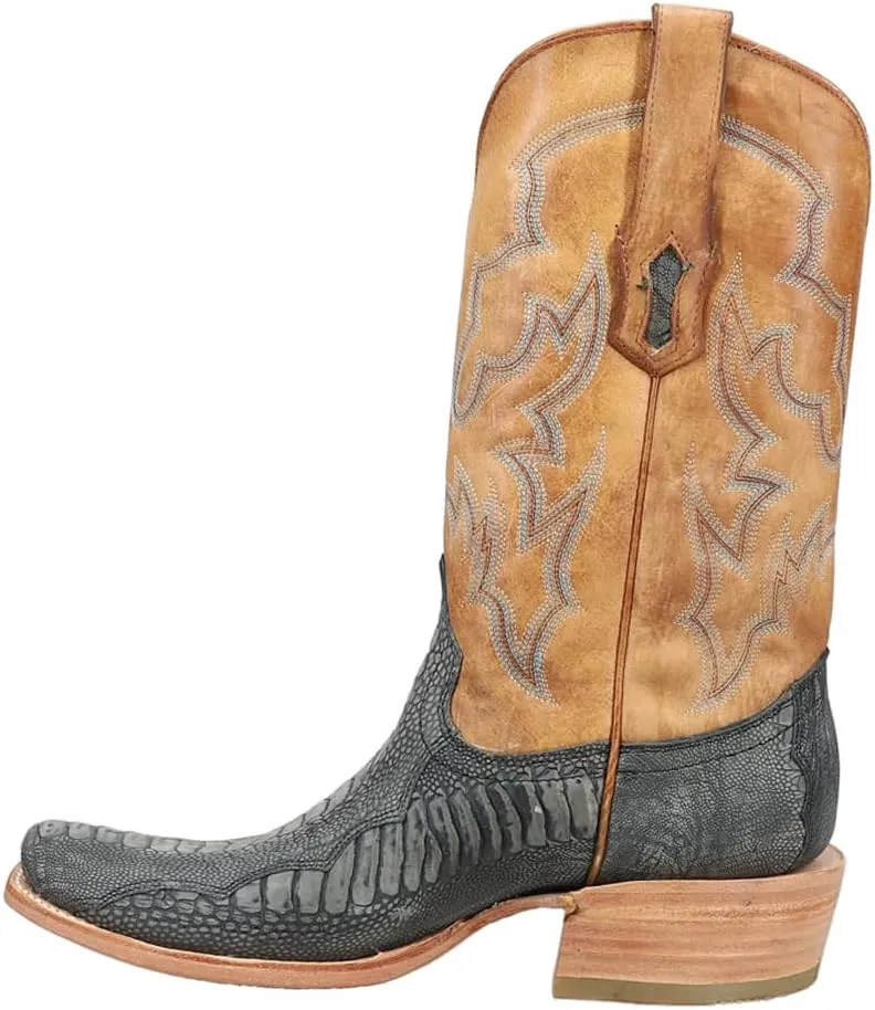 CORRAL MEN'S BLUE/SAND OSTRICH LEG EMBROIDERY NARROW SQ. TOE, LEATHER WITH RUBBER INSERT SOLE, WESTERN A4294