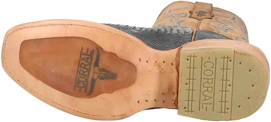 CORRAL MEN'S BLUE/SAND OSTRICH LEG EMBROIDERY NARROW SQ. TOE, LEATHER WITH RUBBER INSERT SOLE, WESTERN A4294