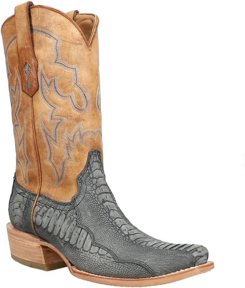 CORRAL MEN'S BLUE/SAND OSTRICH LEG EMBROIDERY NARROW SQ. TOE, LEATHER WITH RUBBER INSERT SOLE, WESTERN A4294