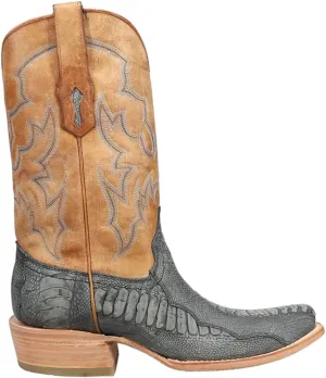 CORRAL MEN'S BLUE/SAND OSTRICH LEG EMBROIDERY NARROW SQ. TOE, LEATHER WITH RUBBER INSERT SOLE, WESTERN A4294