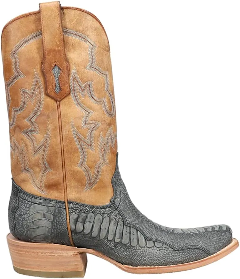 CORRAL MEN'S BLUE/SAND OSTRICH LEG EMBROIDERY NARROW SQ. TOE, LEATHER WITH RUBBER INSERT SOLE, WESTERN A4294