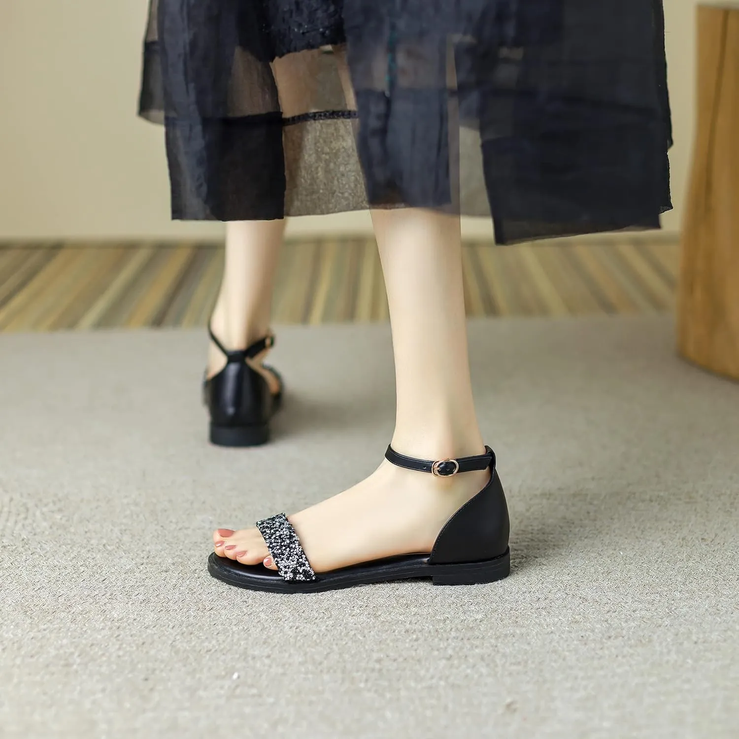 CosyFever Womens LC520 Glitter Novelty Fashion Casual Cow Leather Flats Sandals