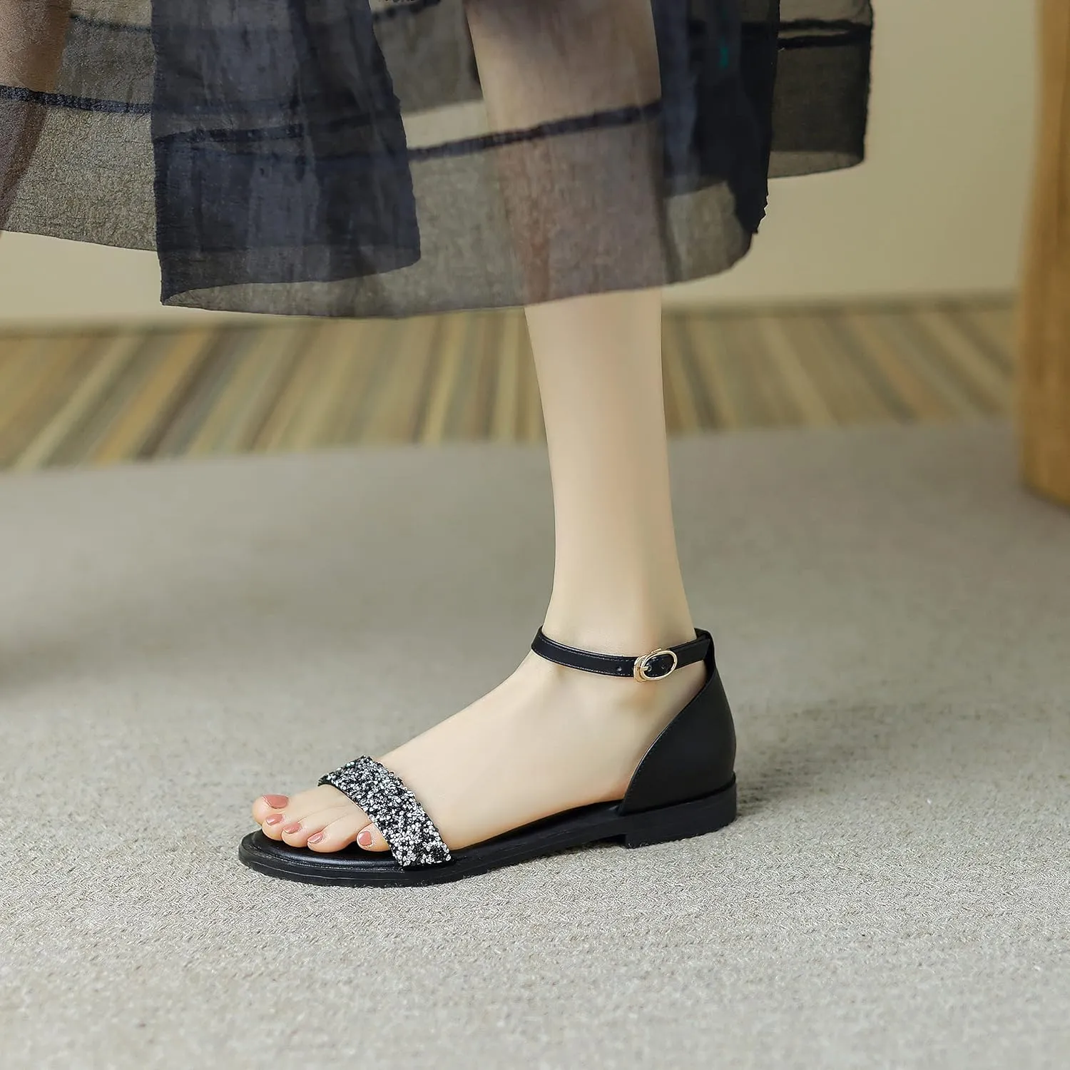 CosyFever Womens LC520 Glitter Novelty Fashion Casual Cow Leather Flats Sandals