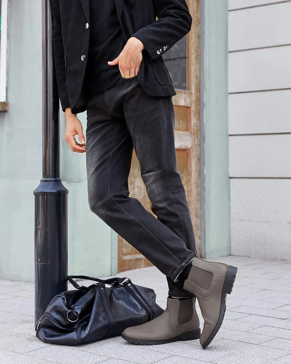 Coutgo Men's Ankle Boots Chelsea Booties Round Toe Slip on Waterproof Leather Dress Booties for Men