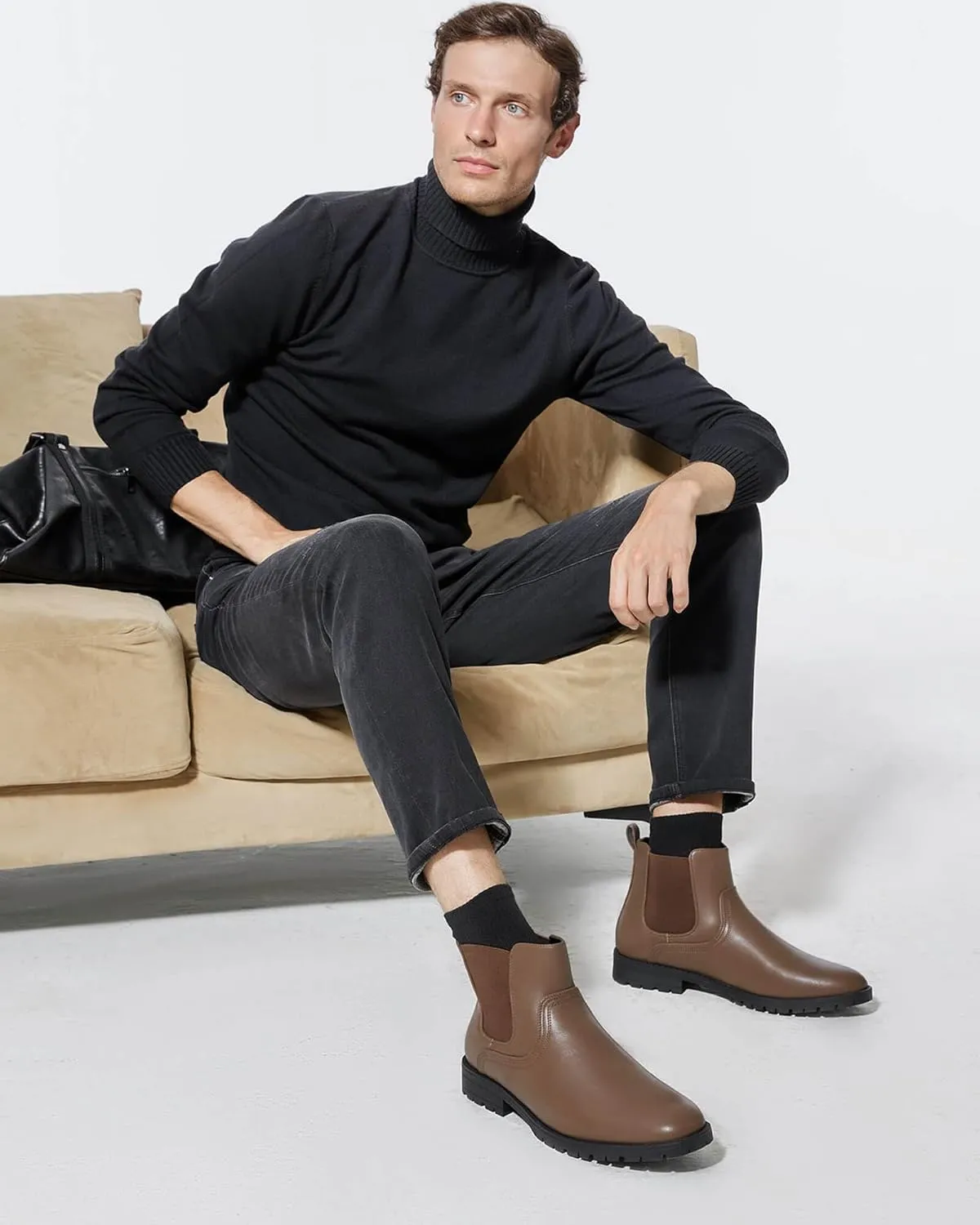 Coutgo Men's Ankle Boots Chelsea Booties Round Toe Slip on Waterproof Leather Dress Booties for Men
