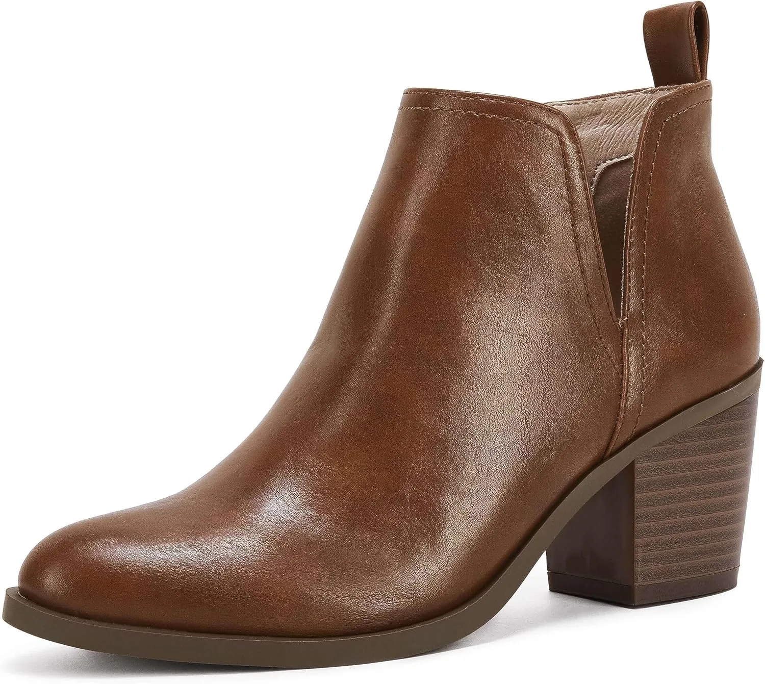 Coutgo Womens Cut Out Ankle Boots Chunky Stacked Heel Almond Toe Slip on Western Booties