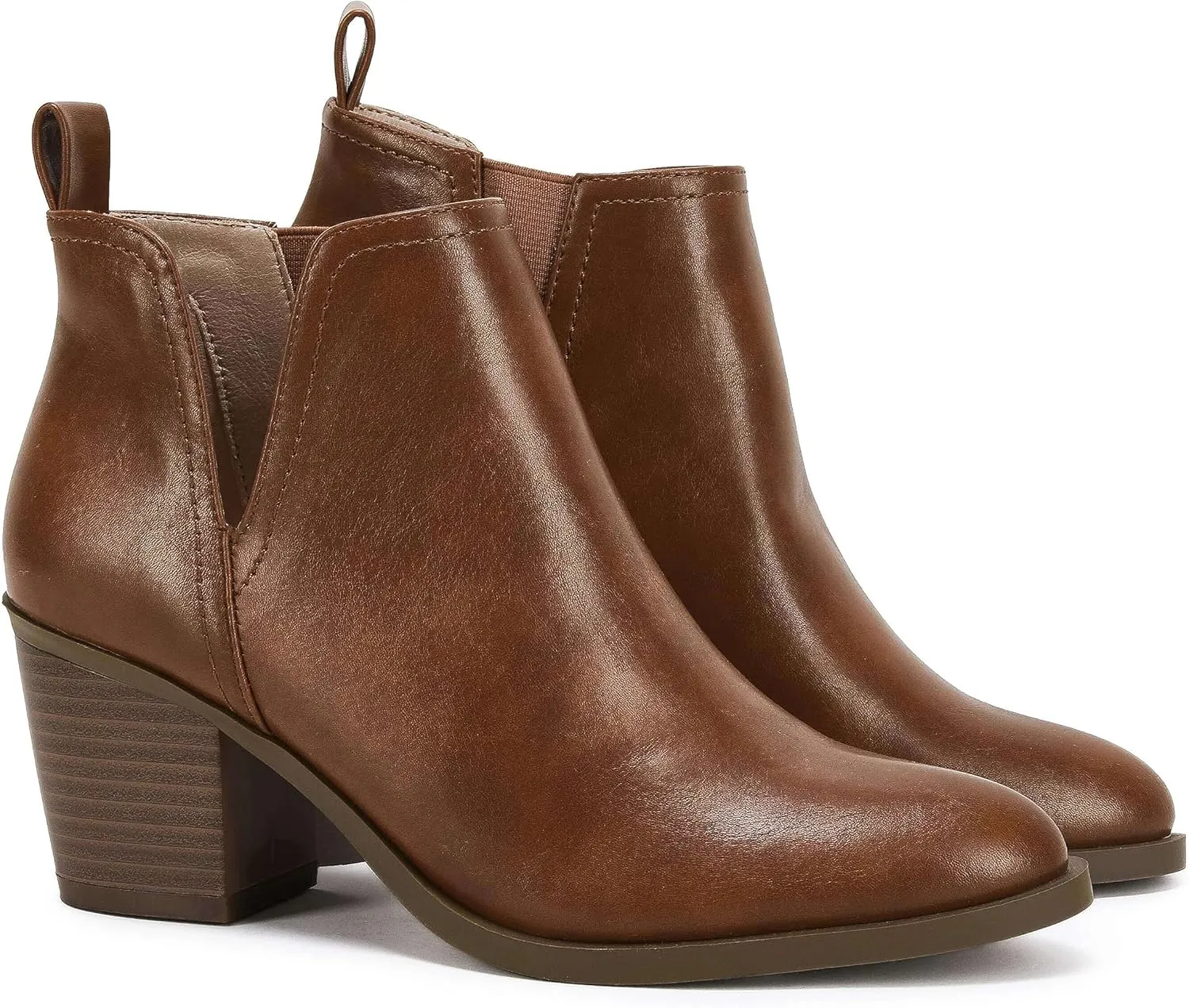 Coutgo Womens Cut Out Ankle Boots Chunky Stacked Heel Almond Toe Slip on Western Booties