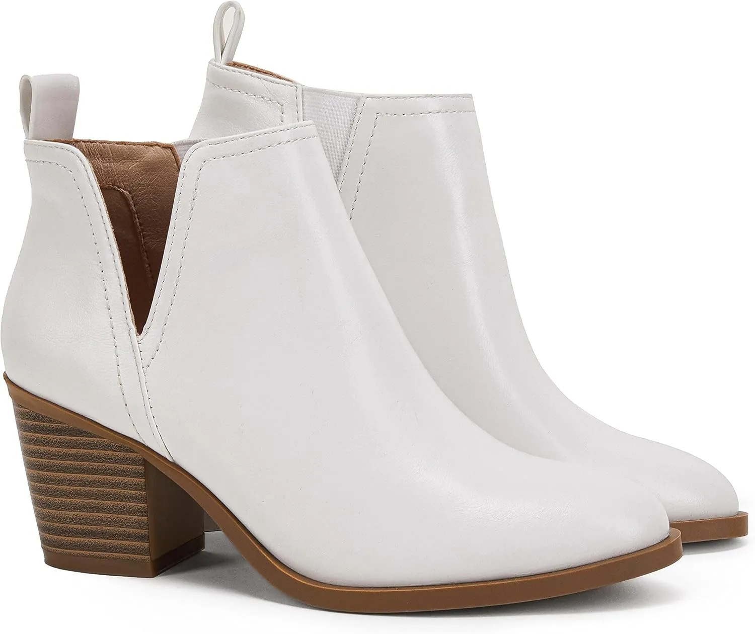 Coutgo Womens Cut Out Ankle Boots Chunky Stacked Heel Almond Toe Slip on Western Booties