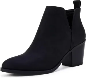 Coutgo Womens Cut Out Ankle Boots Chunky Stacked Heel Almond Toe Slip on Western Booties