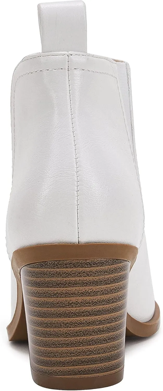 Coutgo Womens Cut Out Ankle Boots Chunky Stacked Heel Almond Toe Slip on Western Booties