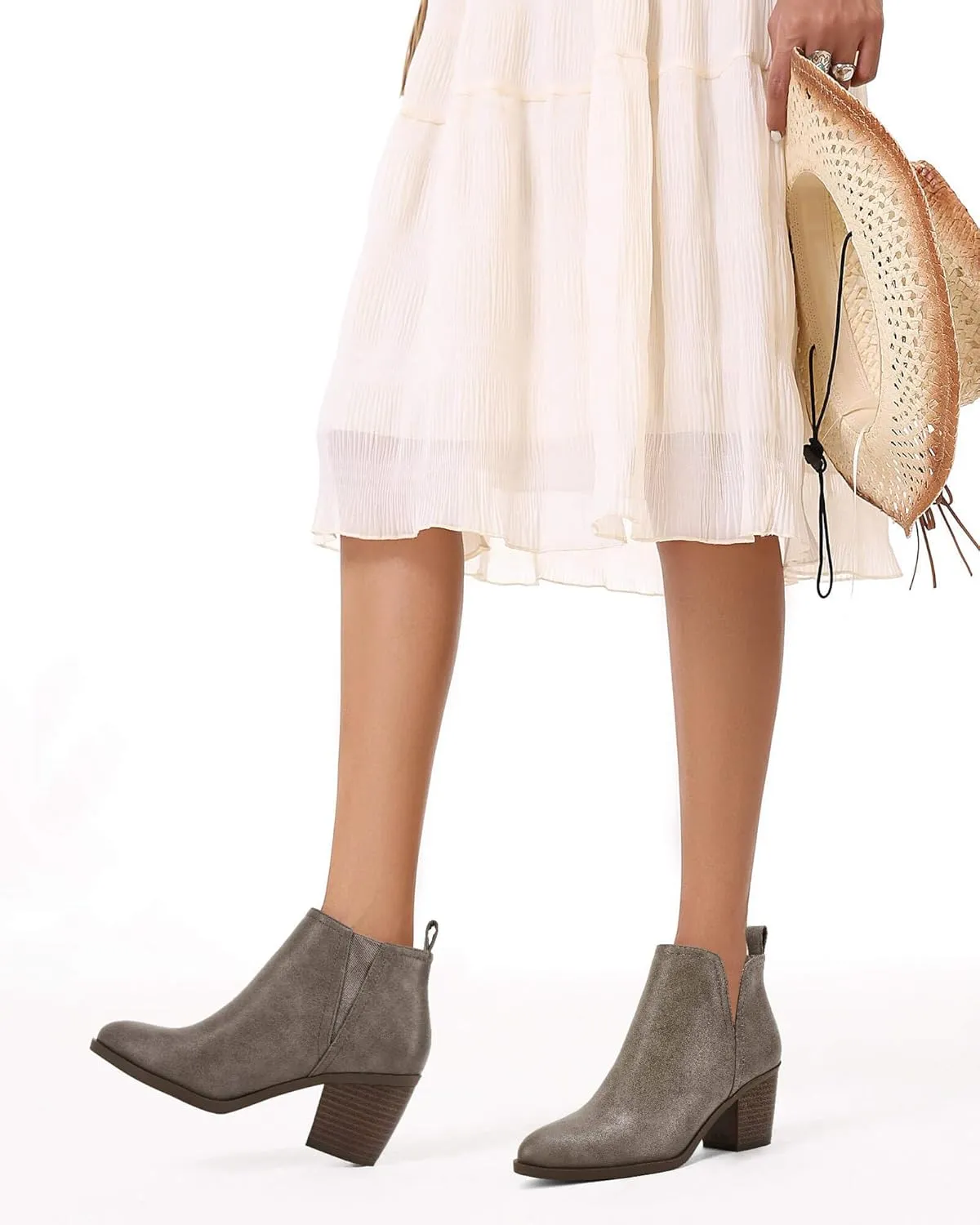 Coutgo Womens Cut Out Ankle Boots Chunky Stacked Heel Almond Toe Slip on Western Booties