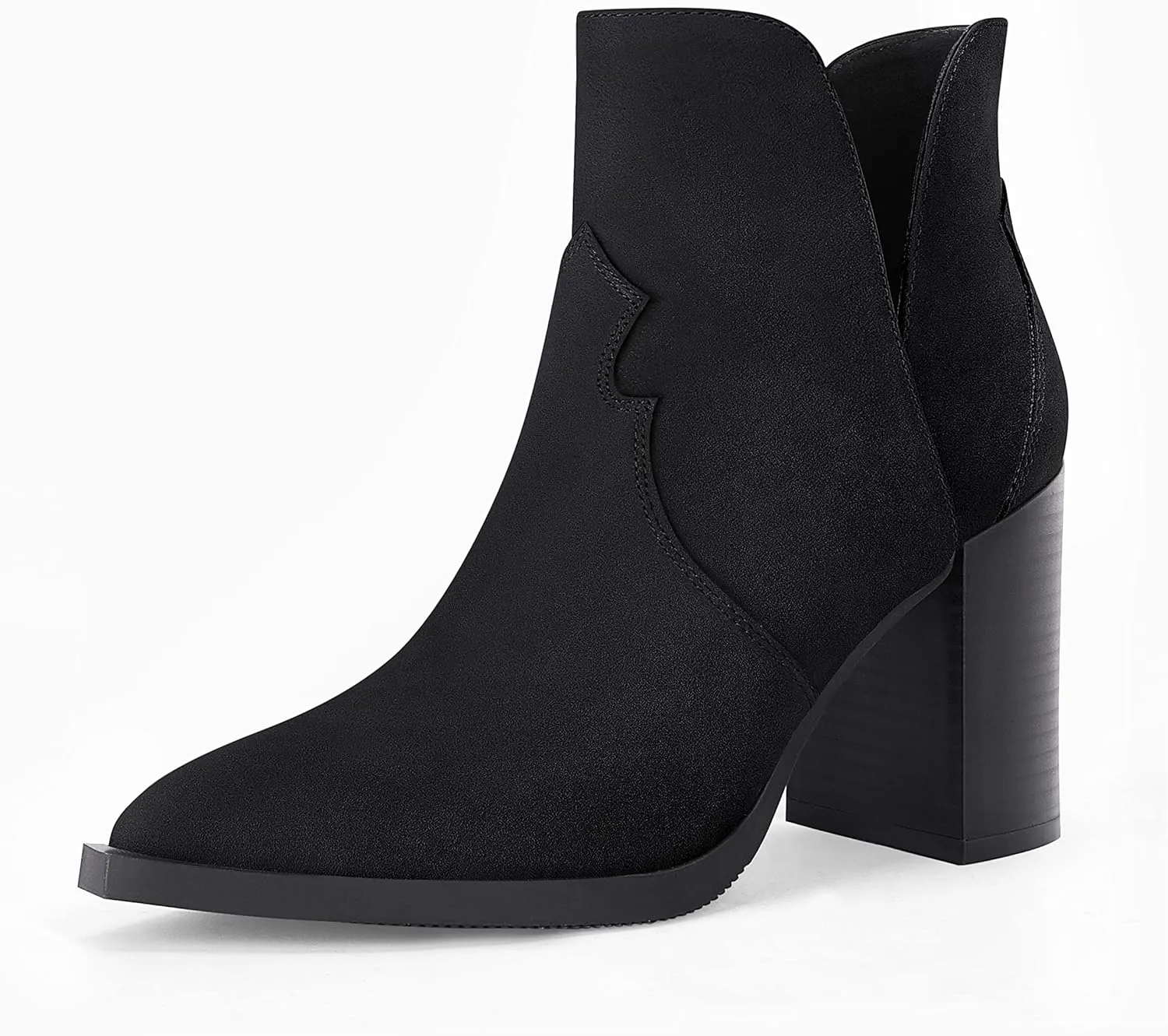 Coutgo Womens Cutout Ankle Boots Pointed Toe Chunky Heel Booties Back Zipper Slip on Western Boot Shoes