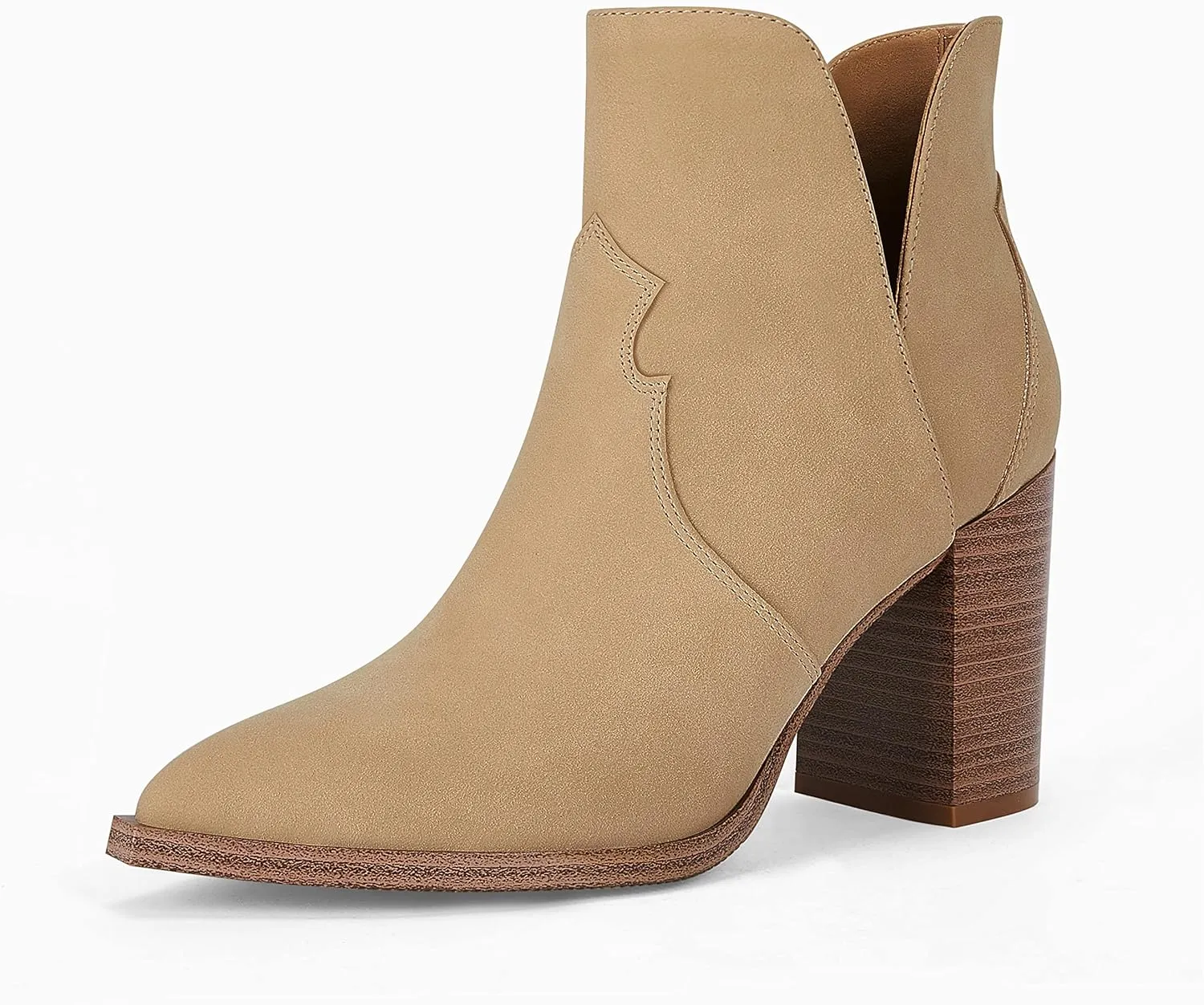 Coutgo Womens Cutout Ankle Boots Pointed Toe Chunky Heel Booties Back Zipper Slip on Western Boot Shoes