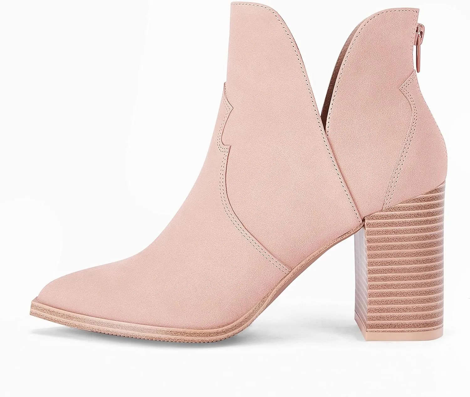 Coutgo Womens Cutout Ankle Boots Pointed Toe Chunky Heel Booties Back Zipper Slip on Western Boot Shoes