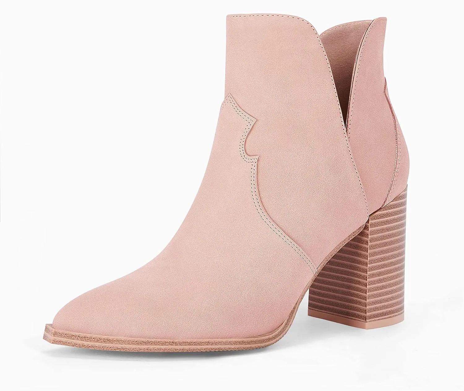 Coutgo Womens Cutout Ankle Boots Pointed Toe Chunky Heel Booties Back Zipper Slip on Western Boot Shoes