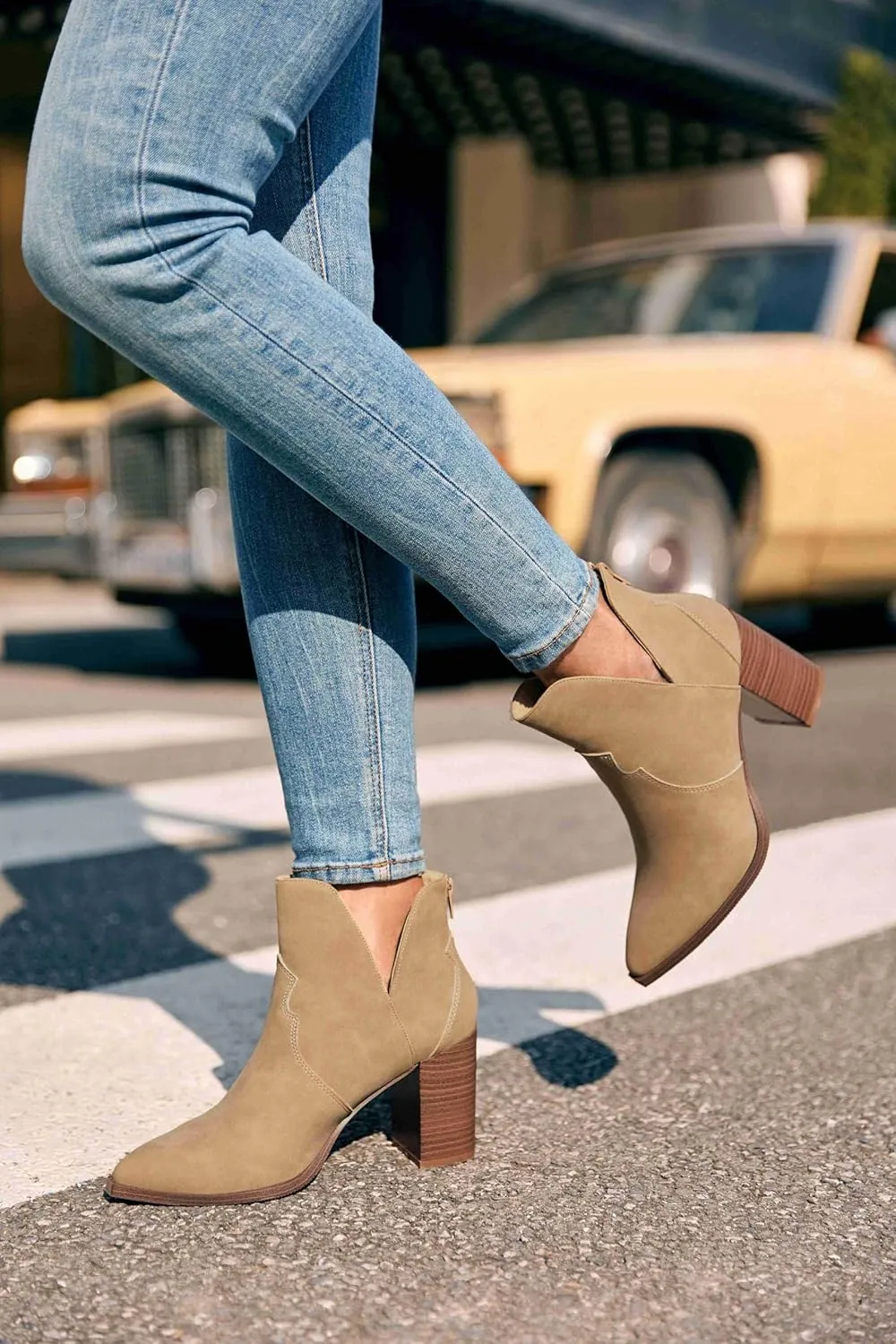 Coutgo Womens Cutout Ankle Boots Pointed Toe Chunky Heel Booties Back Zipper Slip on Western Boot Shoes