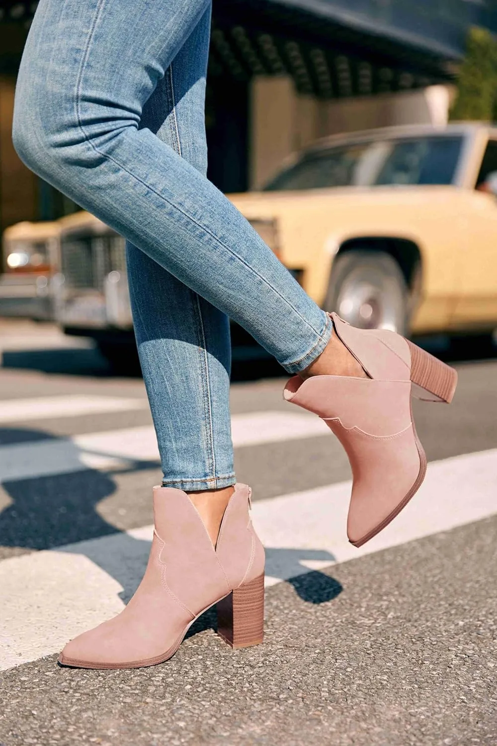 Coutgo Womens Cutout Ankle Boots Pointed Toe Chunky Heel Booties Back Zipper Slip on Western Boot Shoes