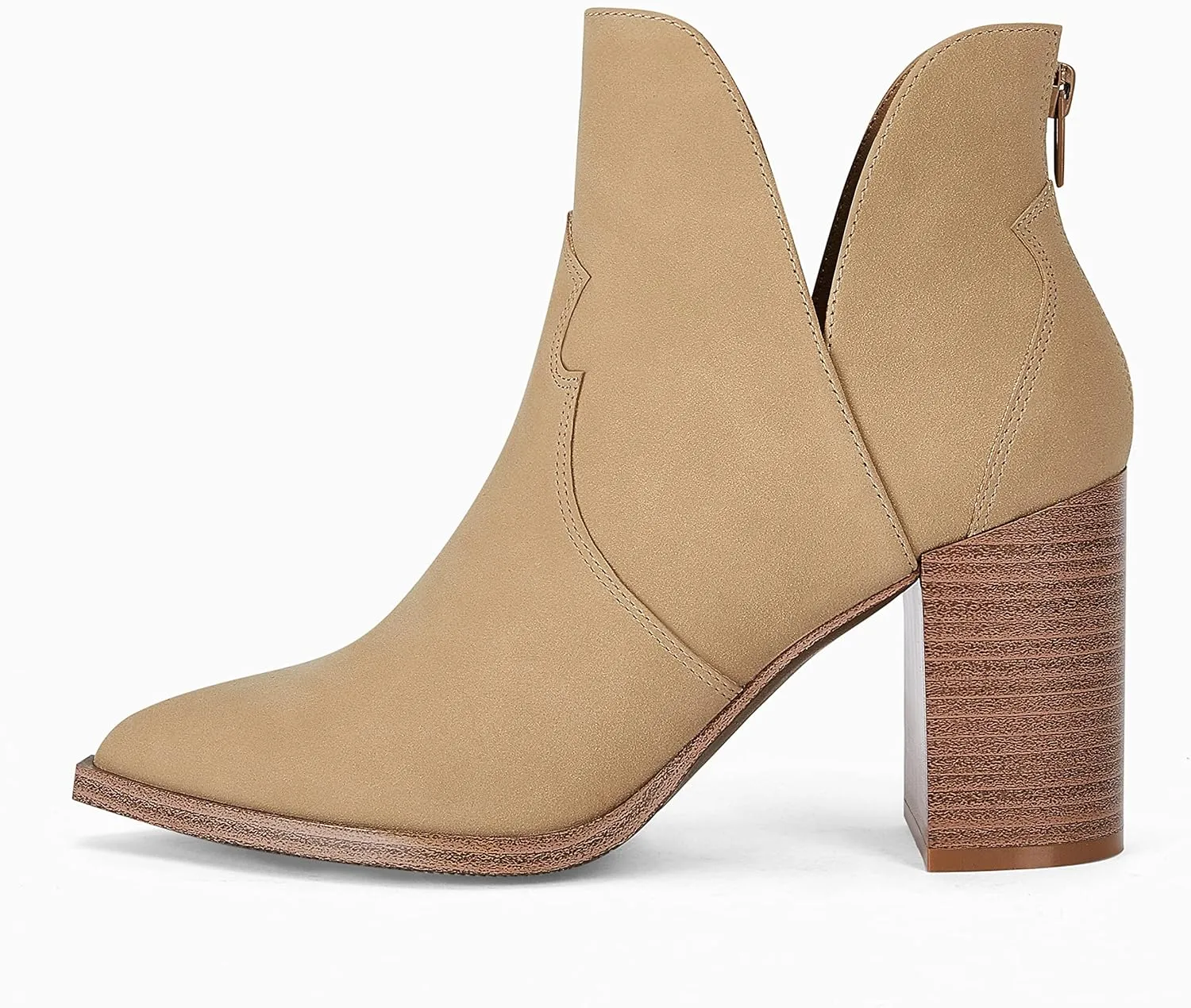 Coutgo Womens Cutout Ankle Boots Pointed Toe Chunky Heel Booties Back Zipper Slip on Western Boot Shoes