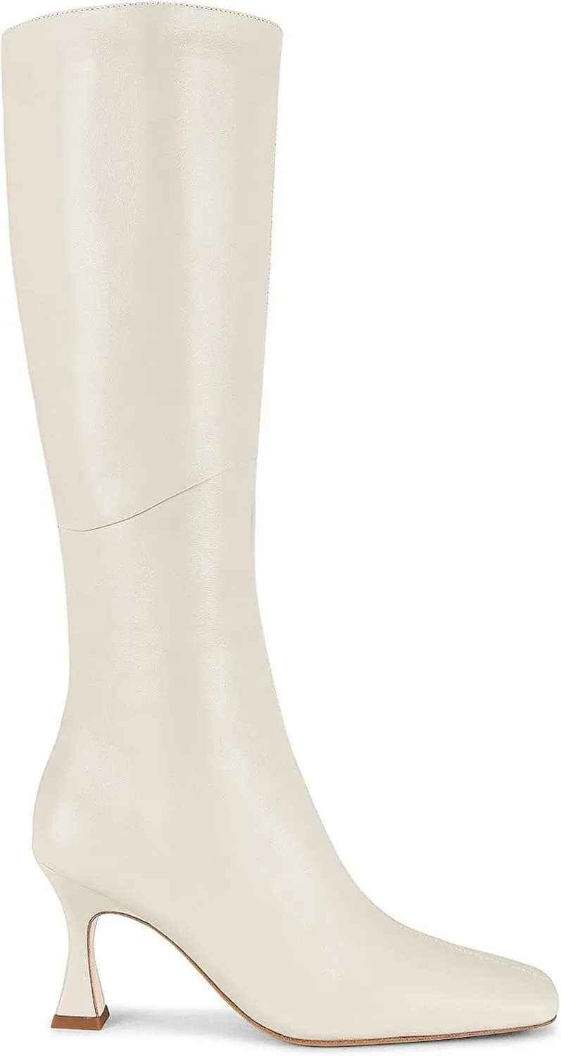 Coutgo Womens Kitten Heel Knee High Boots Wide Calf Square Toe Leather Boot Shoes with Zipper