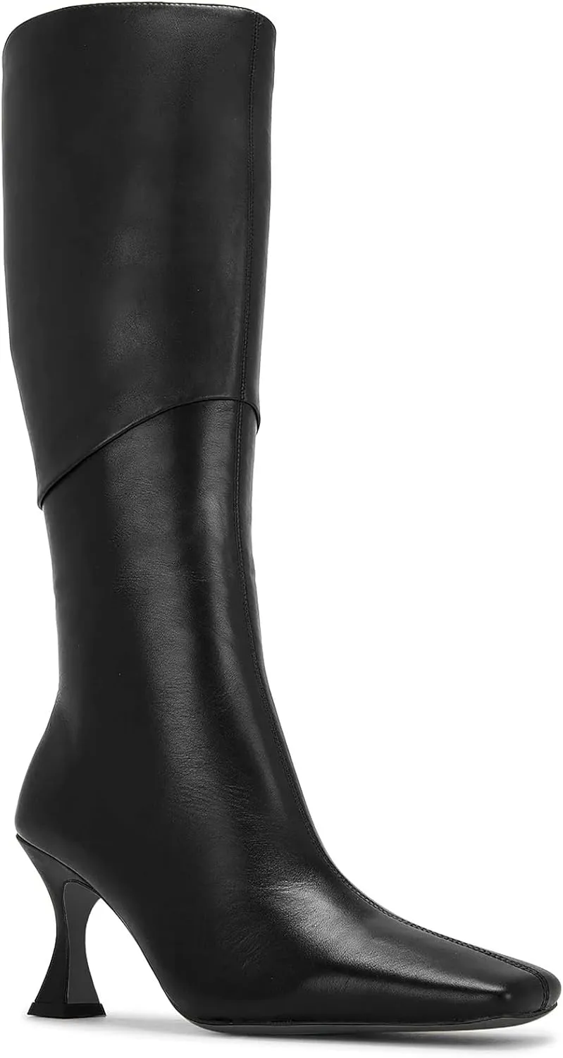 Coutgo Womens Kitten Heel Knee High Boots Wide Calf Square Toe Leather Boot Shoes with Zipper