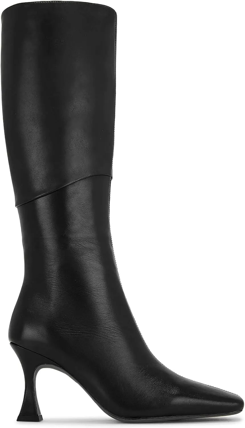 Coutgo Womens Kitten Heel Knee High Boots Wide Calf Square Toe Leather Boot Shoes with Zipper