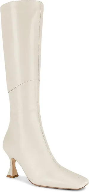 Coutgo Womens Kitten Heel Knee High Boots Wide Calf Square Toe Leather Boot Shoes with Zipper