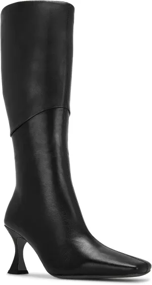 Coutgo Womens Kitten Heel Knee High Boots Wide Calf Square Toe Leather Boot Shoes with Zipper