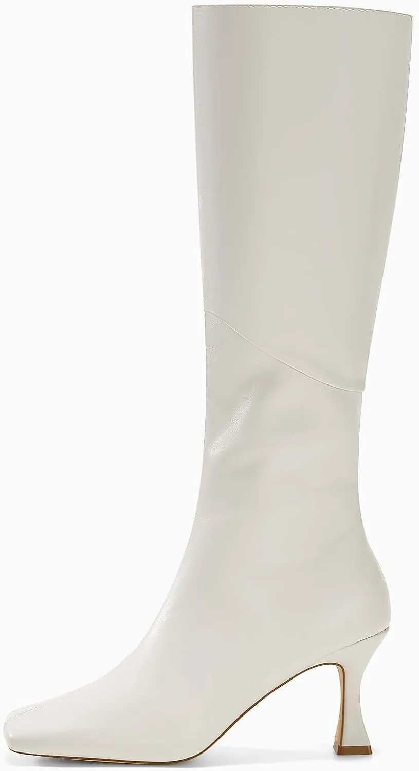 Coutgo Womens Kitten Heel Knee High Boots Wide Calf Square Toe Leather Boot Shoes with Zipper