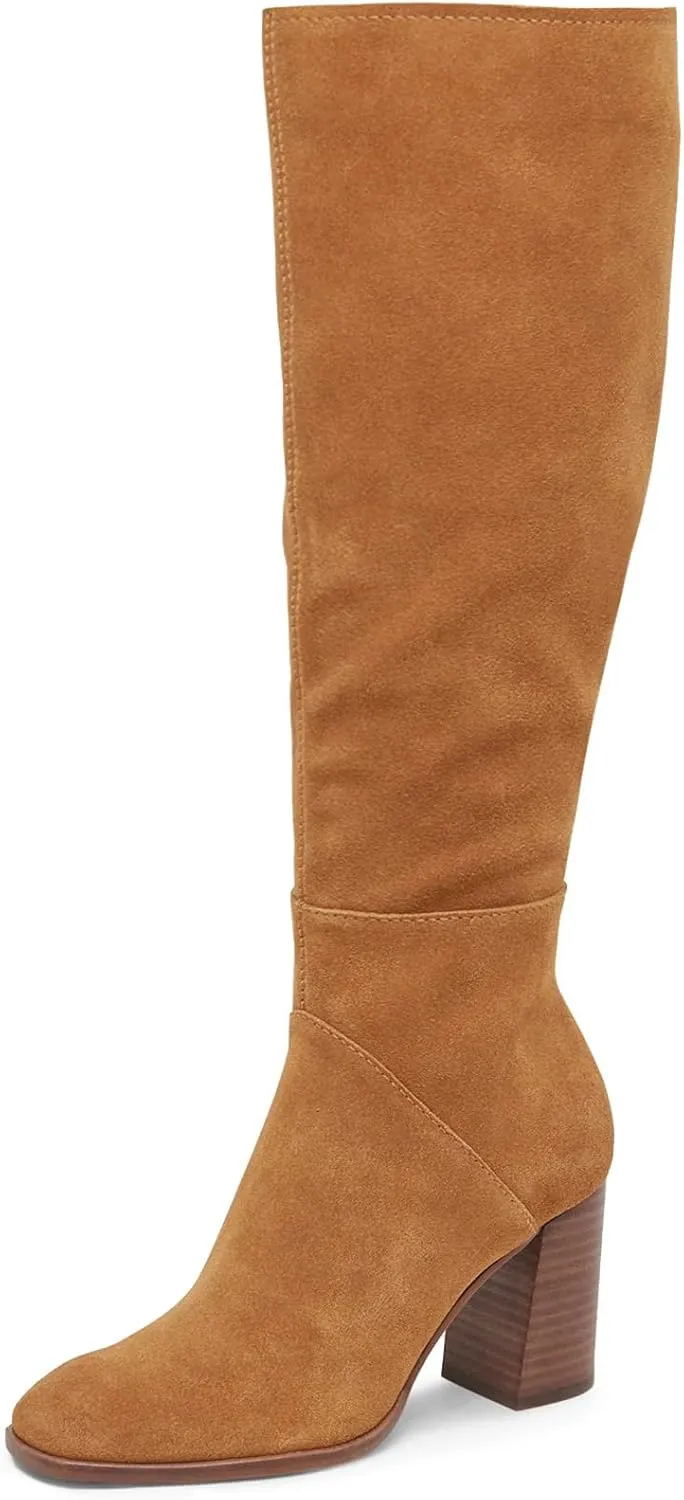 Coutgo Womens Knee High Boots Square Toe Chunky Block Heel Side Zipper Faux Suede Long Boots Fall Winter Shoes