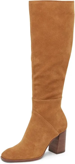 Coutgo Womens Knee High Boots Square Toe Chunky Block Heel Side Zipper Faux Suede Long Boots Fall Winter Shoes