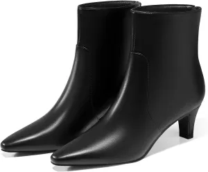 Coutgo Womens Low Kitten Heel Short Boots Fall Square Pointed Toe Ankle Boots Leather Dress Booties With Zipper