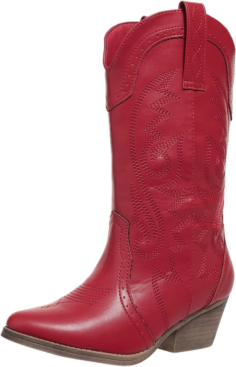 Cowboy Boots for Women Cowgirl Mid Calf Western Pointy Toe Boots Embroidered Stitched Chunky Heel Red Brown US5-11