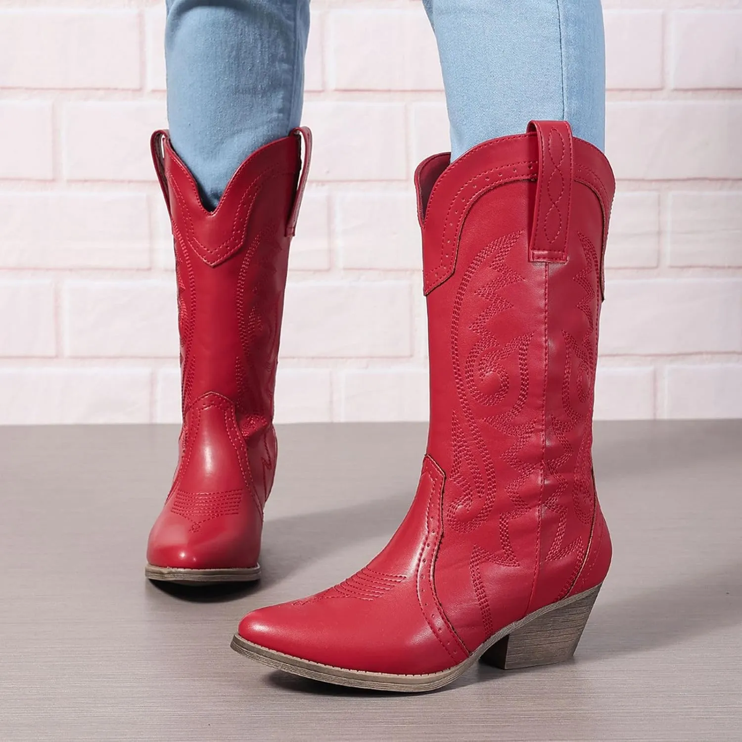 Cowboy Boots for Women Cowgirl Mid Calf Western Pointy Toe Boots Embroidered Stitched Chunky Heel Red Brown US5-11