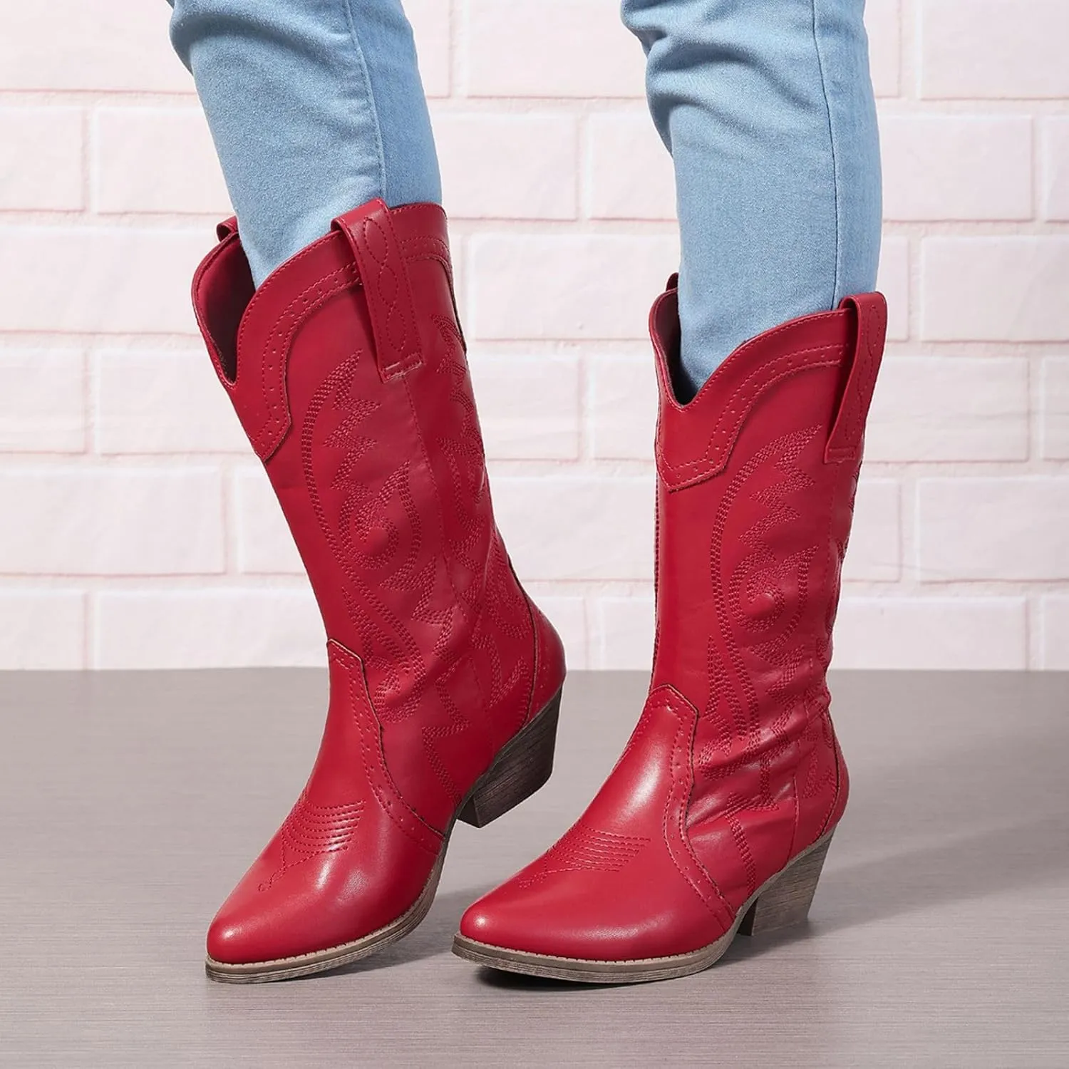 Cowboy Boots for Women Cowgirl Mid Calf Western Pointy Toe Boots Embroidered Stitched Chunky Heel Red Brown US5-11