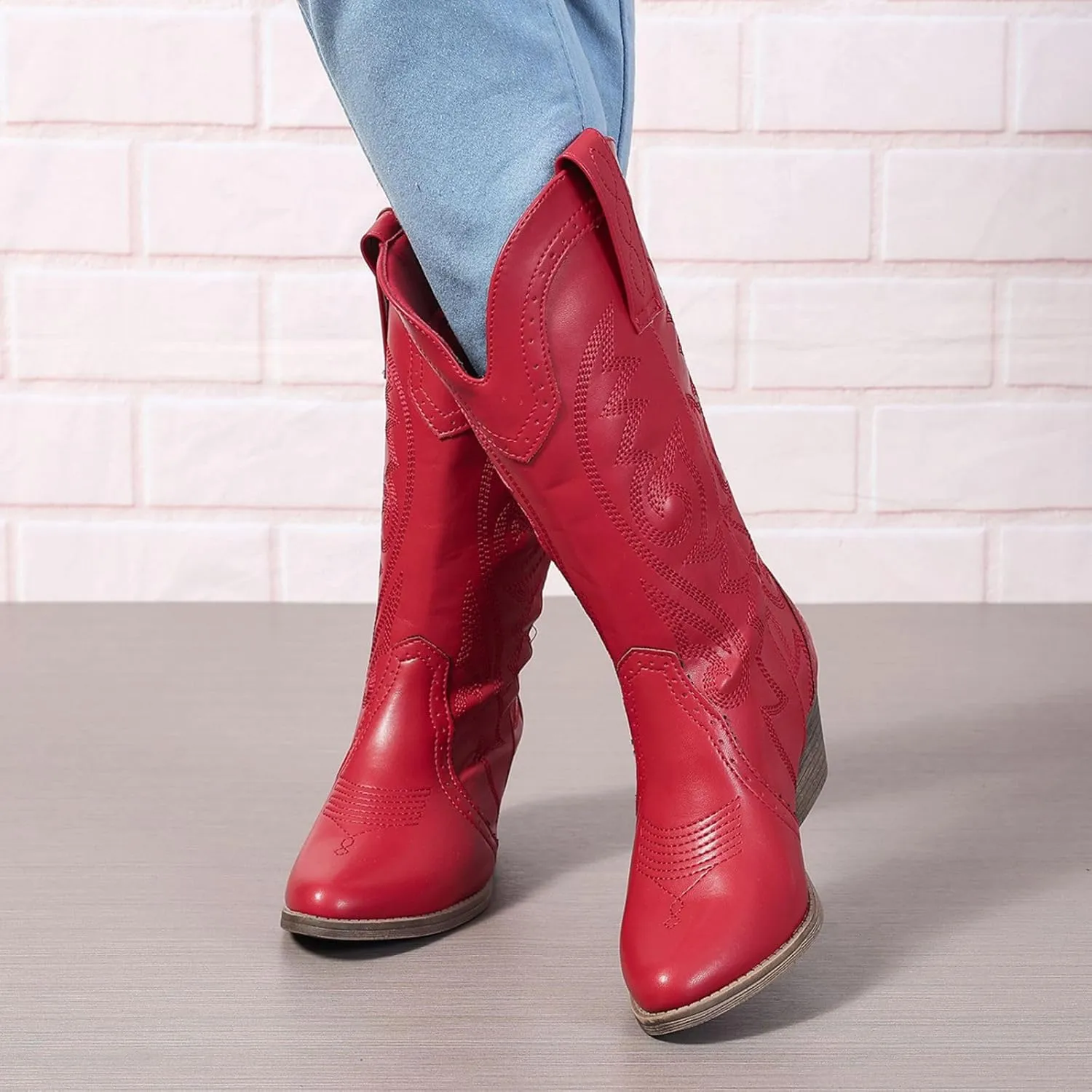 Cowboy Boots for Women Cowgirl Mid Calf Western Pointy Toe Boots Embroidered Stitched Chunky Heel Red Brown US5-11