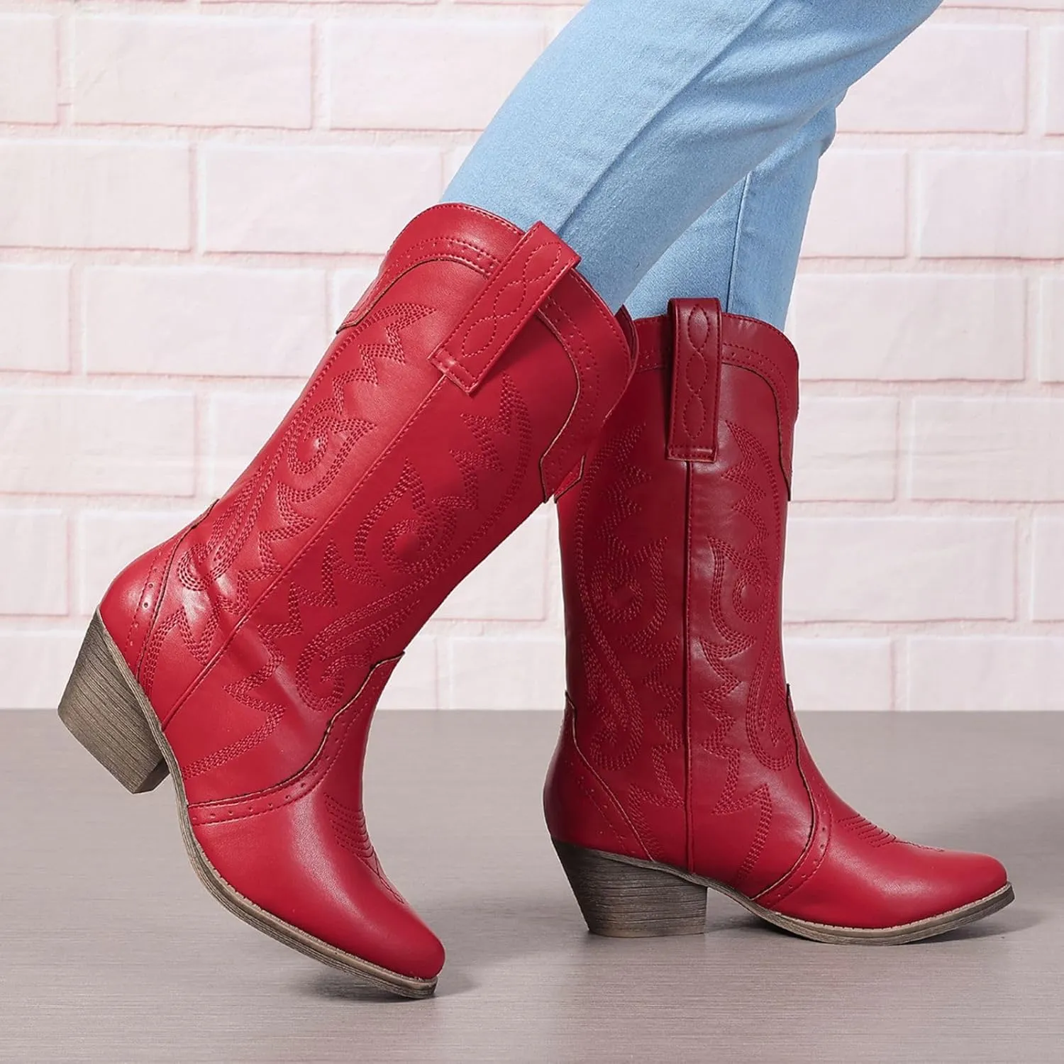 Cowboy Boots for Women Cowgirl Mid Calf Western Pointy Toe Boots Embroidered Stitched Chunky Heel Red Brown US5-11
